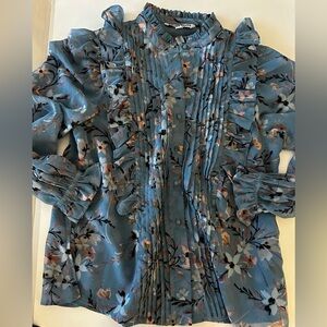 Walter Baker Blue Pleated Floral Ruffle Blouse, Women’s Large